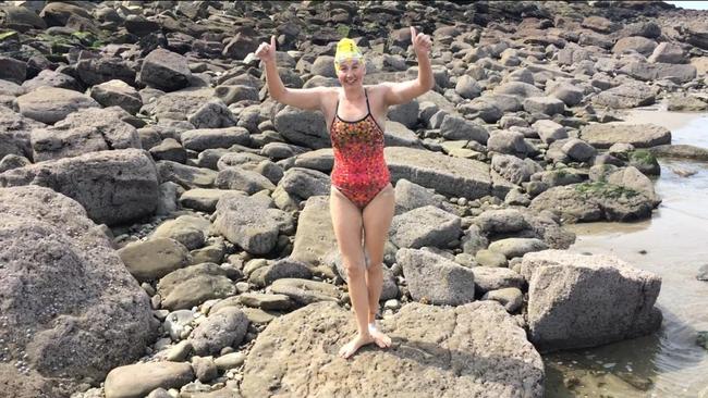 Emily Miers lands in France after her marathon swim.