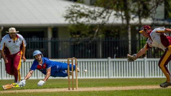 Barron River’s Tim Ward leaps to the crease. Picture: Emily Barker