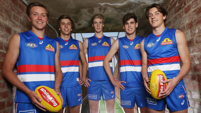 Dogs draftees Fergus Greene, Nathan Mullenger-McHugh, Tim English, Lewis Young and Patrick Lipinski at the Kennel. Picture: Michael Klein