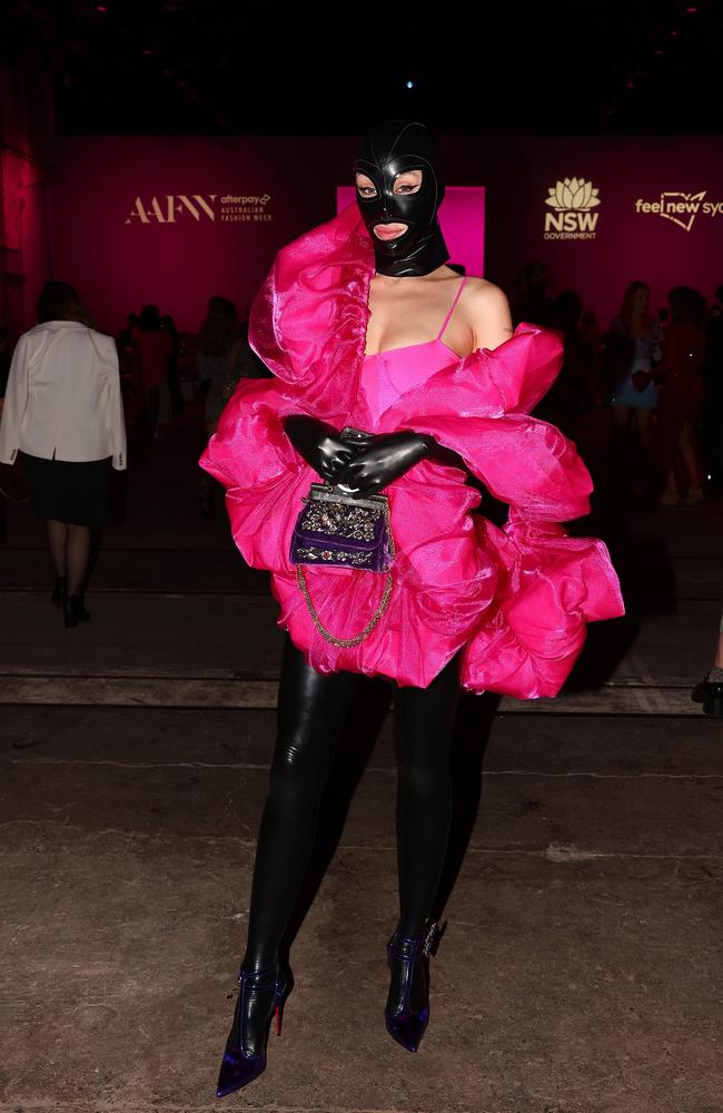 Whether she’s on the runway, or just attending a show, she always makes a statement just like her 2022 look where she wore a leather mask. Picture: Matrix.