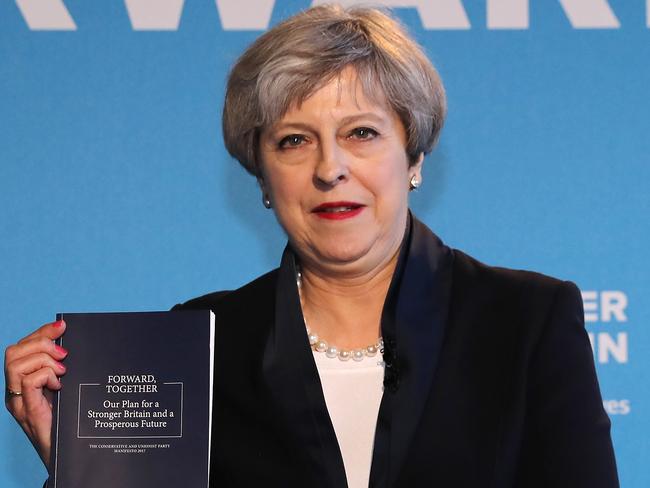 British Prime Minister Theresa May launches the Conservative Party’s election manifesto. Picture: Getty Images