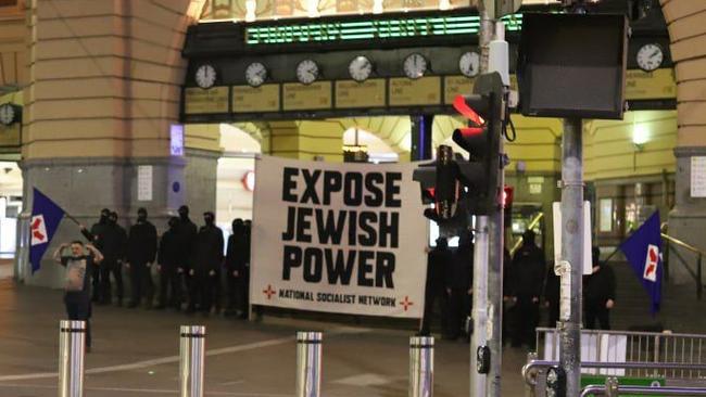 A group of neo-Nazis have staged an impromptu demonstration in Melbourne’s CBD. Picture: Telegram