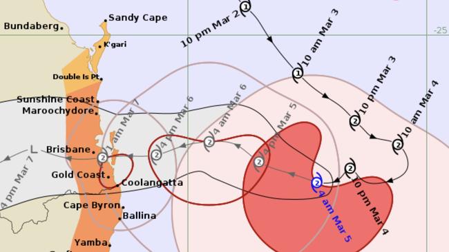 Alfred is expected to cross the Queensland coast late Thursday or early Friday morning. This is the map issued by BOM just before 5am on Wednesday, March 5.