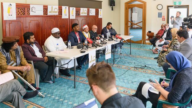 Imam Gamal Fouda of Al Noor Mosque speaks to the media as The Royal Commission report into the 2019 terrorist attack is released. Picture: Getty Images.