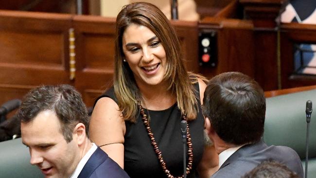 Lidia Thorpe is congratulated after making her maiden speech in Parliament. Picture: AAP