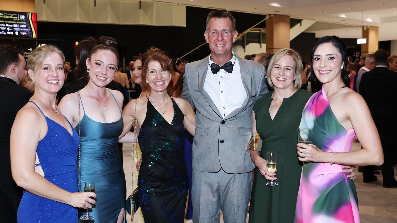 Katrina Schaper, Livinia Schaper, Roslyn Dhu, Gary Dhu, Leah McBryde and Angela Armstrong at the Cairns Chamber of Commerce Business Excellence Awards gala dinner, held at the Cairns Convention Centre. Picture: Brendan Radke