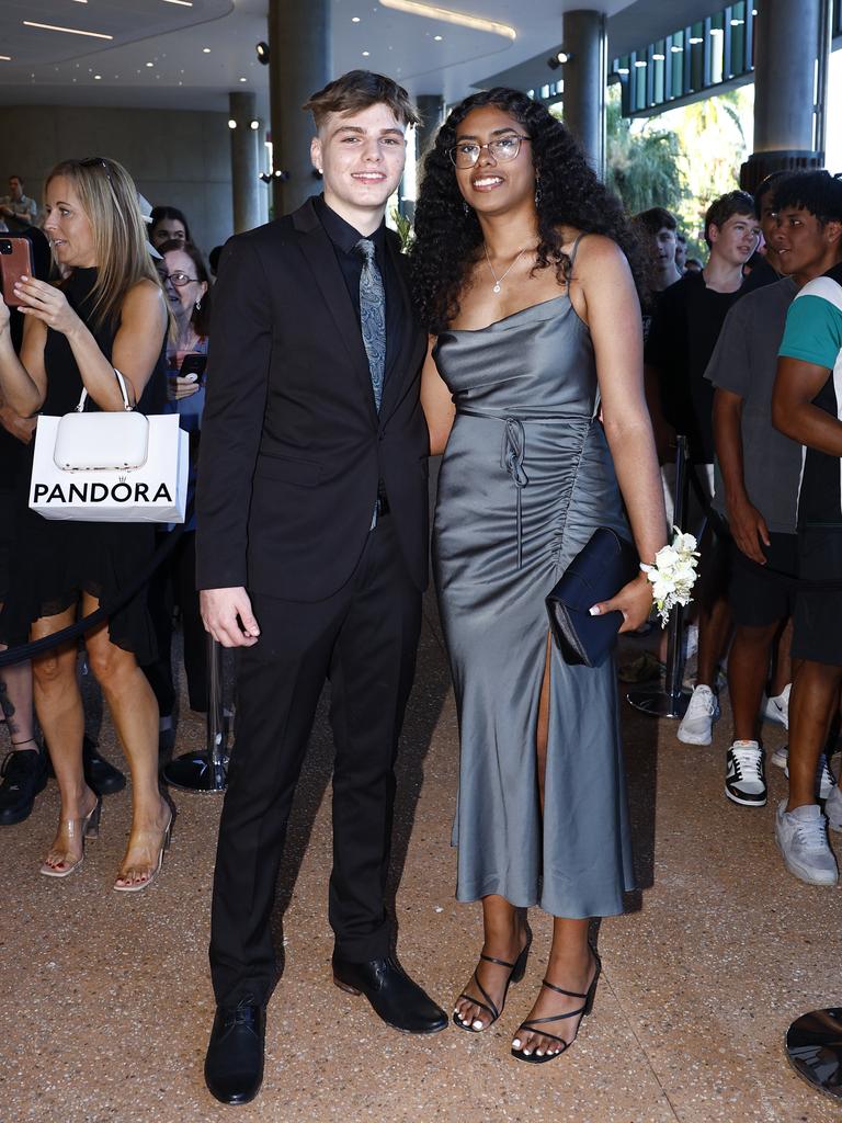 Scott Naess and Taeyah Harding arrive at the Peace Lutheran College formal evening at the Cairns Convention Centre. Picture: Brendan Radke