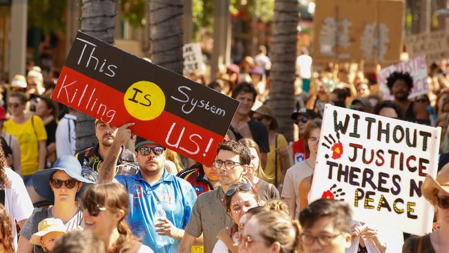 More than a thousand people marched at Darwin’s Black Lives Matter rally on June 13, 2020. The Northern Australian Aboriginal Justice Agency (NAAJA) is calling for the NT Government to develop an anti-racism strategy and introduce anti-vilification laws to stop racist hate speech, in the wake of similar protests across Australia and around the world. Picture: Glenn Campbell