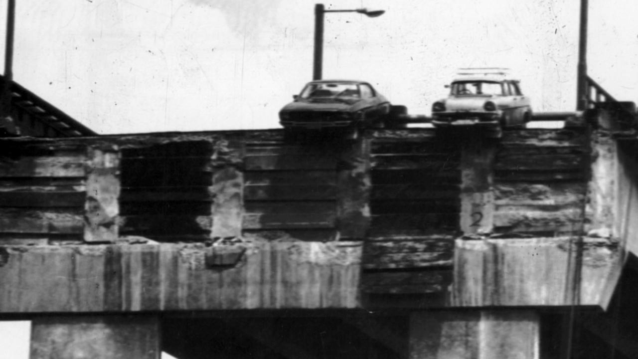 JANUARY 6, 1975: Cars shown hanging over the edge of the Tasman Bridge in Hobart 06/01/75.