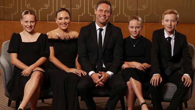 Hawthorn coach Sam Mitchell, wife Lyndall and children Smith and twin daughters Scarlett and Emmerson at the Australian Football Hall of Fame induction ceremony. Photo by Michael Klein.