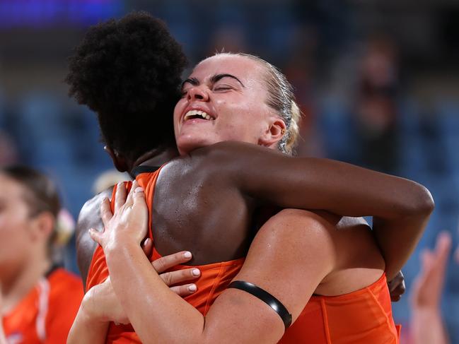 Matilda McDonell and Jodi-Ann Ward of the GIANTS celebrate victory after the extra time period. Picture: Getty Images