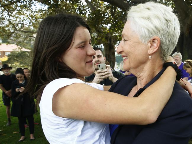 Dr Phelps embraced by daughter Gabi after her concession in the 2019 federal election. Picture: John Appleyard