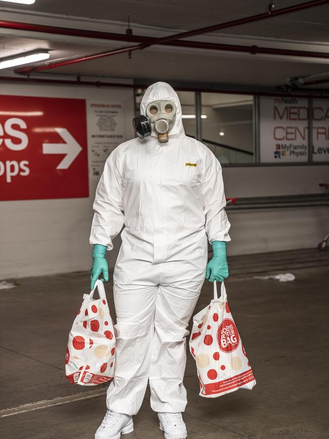 John Gercsov goes shopping in full PPE at Coles Mona Vale on Friday. Picture: Monique Harmer