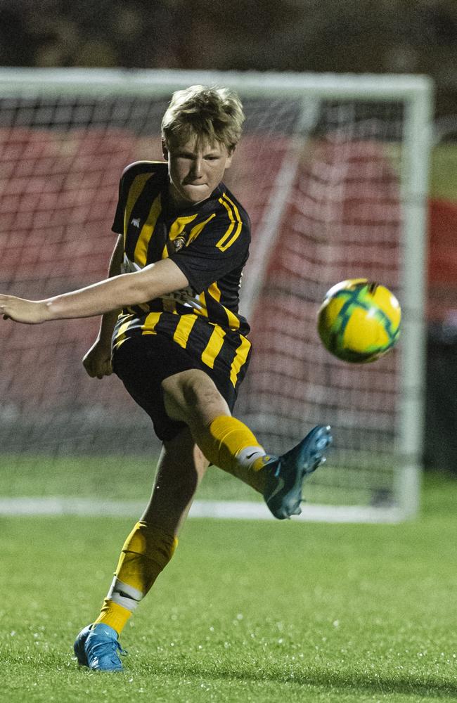 Jack Tyler of Football Dalby against Rockville Rovers Blue in Football Queensland Darling Downs Community Juniors U13 Div 1 White grand final at Clive Berghofer Stadium, Friday, August 30, 2024. Picture: Kevin Farmer