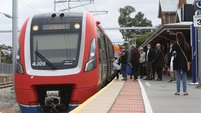 People board for the free train ride on the newly opened Gawler Line at Gawler station, SA. Picture Emma Brasier