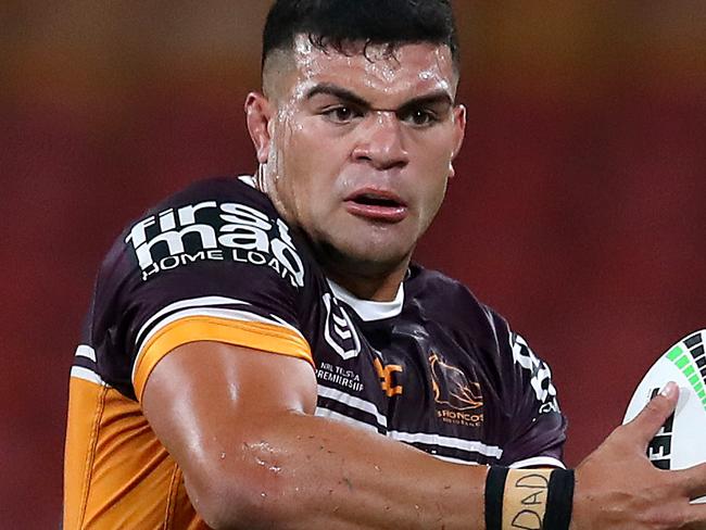 BRISBANE, AUSTRALIA - MARCH 20: David Fifita of the Broncos runs with the ball during the round 2 NRL match between the Brisbane Broncos and the South Sydney Rabbitohs at Suncorp Stadium on March 20, 2020 in Brisbane, Australia. (Photo by Jono Searle/Getty Images)