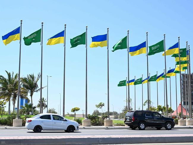 Flags of Saudi Arabia and Ukraine line the King Abdulaziz Road in the Saudi Red Sea port city of Jeddah ahead of a visit by the Ukrainian President. Picture: AFP