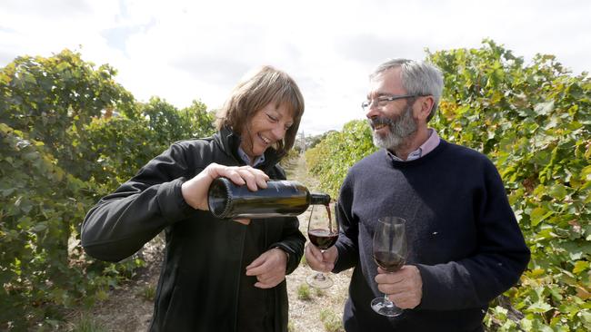 Prue and Stephen Henschke at their winery at Keyneton, Eden Valley. Picture: Kelly Barnes