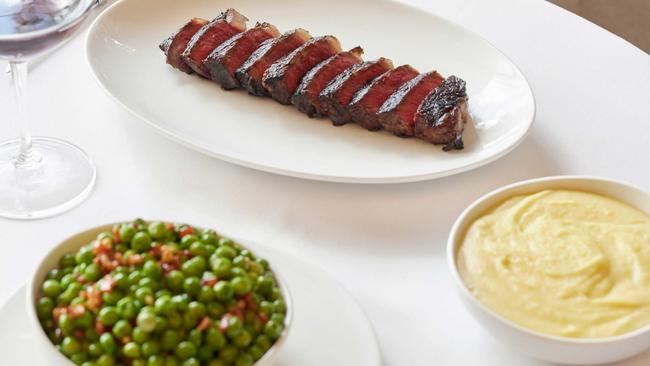 Steak, peas and mash at SK Steak and Oyster in Fortitude Valley.