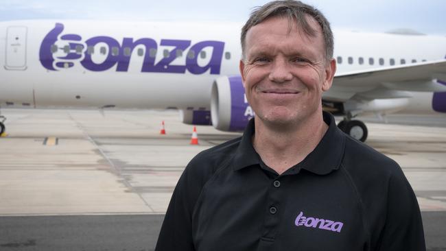 Bonza CEO Tim Jordan with the airline’s first Boeing 737 Max 8 at Sunshine Coast Airport.