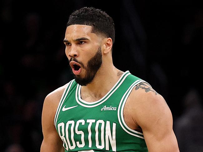 BOSTON, MASSACHUSETTS - FEBRUARY 23: Jayson Tatum #0 of the Boston Celtics celebrates after scoring against the New York Knicks at TD Garden on February 23, 2025 in Boston, Massachusetts. NOTE TO USER: User expressly acknowledges and agrees that, by downloading and or using this photograph, User is consenting to the terms and conditions of the Getty Images License Agreement.   Maddie Meyer/Getty Images/AFP (Photo by Maddie Meyer / GETTY IMAGES NORTH AMERICA / Getty Images via AFP)