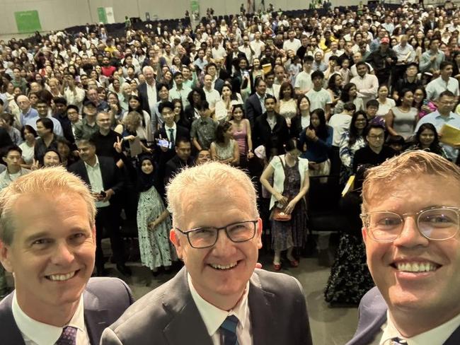 Labor MPs Andrew Charlton, Tony Burke and Jerome Laxale during a mass-citizenship ceremony. Picture: Instagram