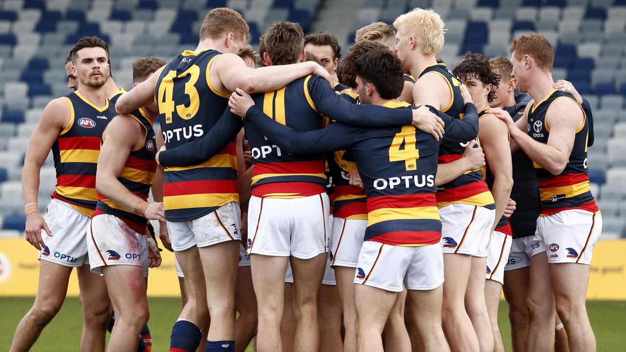 The Crows huddle ahead of Saturday’s match in Ballarat. Picture: Dylan Burns/AFL Photos