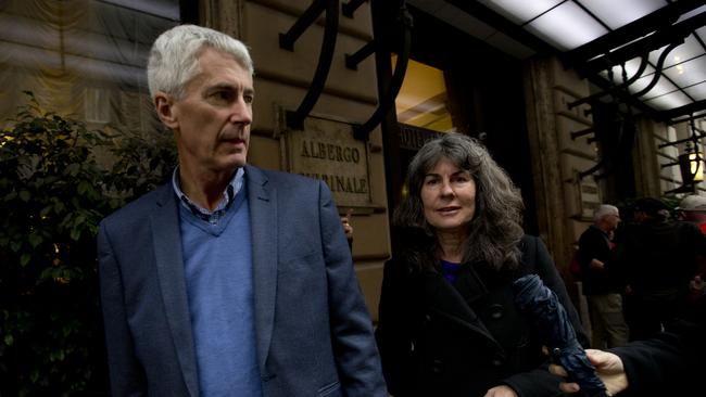 Anthony and Chrissie Foster, parents of two victims of sex abuse, outside the Hotel Quirinale where Cardinal George Pell is due to arrive. Picture: Alessandra Tarantino/AP