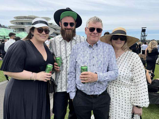 Laura Stirland, Andy Kitching, John Stirland and Suzanne Stirland at Flemington for Derby Day on November 2, 2024. Picture: Phillippa Butt