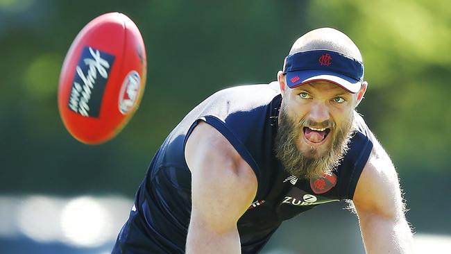 Max Gawn of the Demons marks the ball during a Melbourne Demons AFL training session.