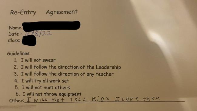 The apology "signed" by the seven year old in which she had to state: "I will not tell kids I love them." Picture: Frank Pangallo.