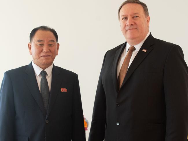 North Korea Vice-Chairman Kim Yong-chol poses with United States Secretary of State Mike Pompeo. Picture: AFP