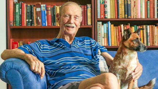 Former Chief Justice Austin Asche with his dog Freya on his 96th birthday. Picture: Glenn Campbell