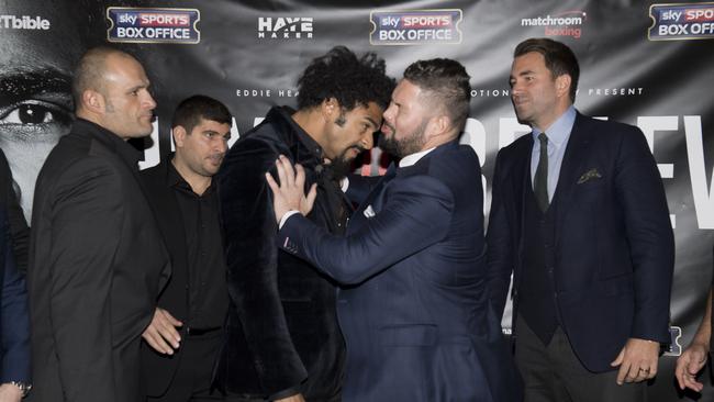 British boxers David Haye (L) and Tony Bellew go head to head at their press conference.