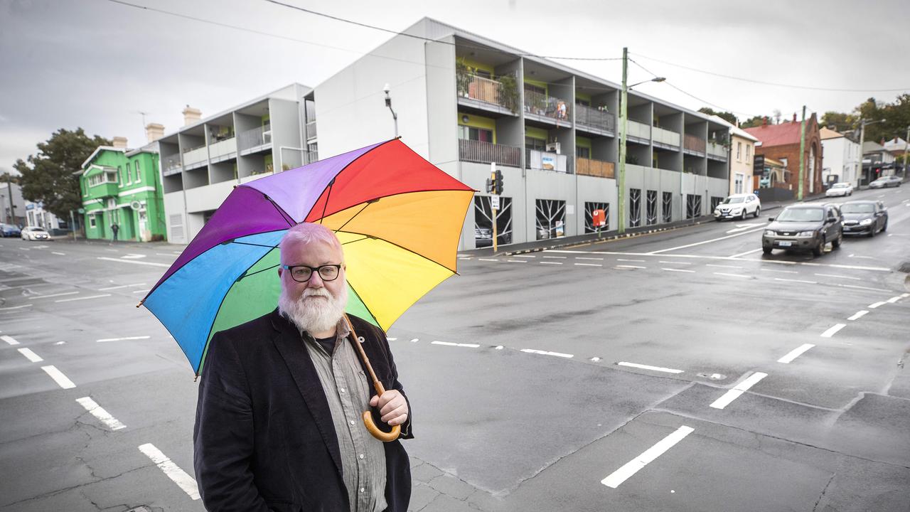 HCC Councillor Bill Harvey in front of affordable housing above a council owned car park on the corner of Liverpool and Barrack Street, Hobart. Picture: Chris Kidd