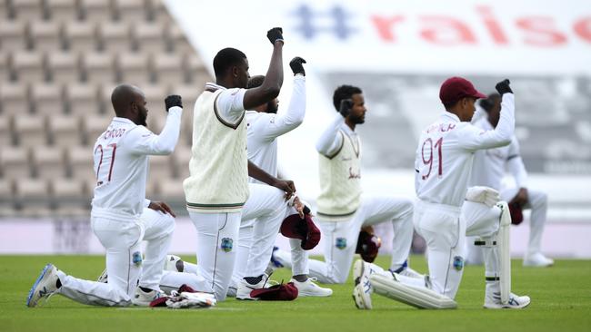 West Indies captain Jason Holder and his teammates take a knee during day one of the 1st #RaiseTheBat Test match at The Ageas Bowl in Southampton, England. Picture: Getty Images