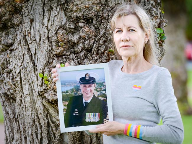 Julie-Ann Finney with a picture of her son Dave, who lost his battle with PTSD after serving in the Navy. Picture: Brenton Edwards