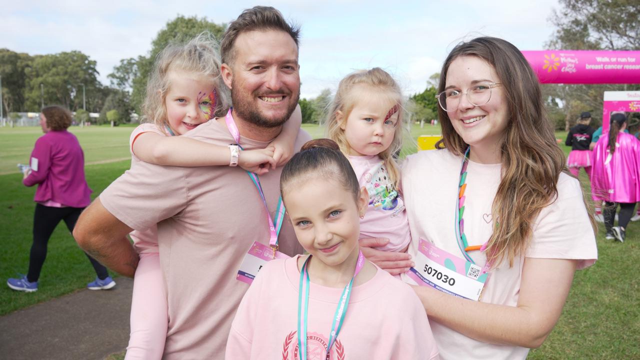 Lilliana Postans (left), Zack Postans, Charlotte Neilan-Ries, Allison Postans and Kyarna Postans at the Mother's Day Classic Toowoomba fun run at Middle Ridge Park, which raised money for breast and ovarian cancer research.