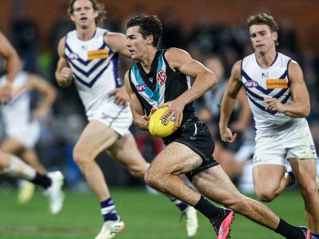 Connor Rozee and the Power midfield were pantsed around the stoppages a week after taking Essendon to the cleaners. Picture: Mark Brake/Getty Images.