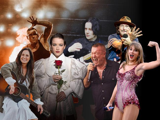 Digitally altered image of artists featured in the 'best of 2024 music' wrap by The Australian's national music writer, Andrew McMillen. From left: Kasey Chambers, Winston McCall (of Parkway Drive), Megan Washington, Jack White, Jimmy Barnes (of Cold Chisel), Eddie Vedder (of Pearl Jam) and Taylor Swift. Picture edited by Emilia Tortorella (4x3 image)