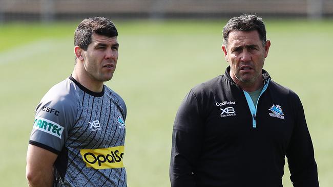 Coach Shane Flanagan and Michael Ennis during Cronulla Sharks training at Southern Cross Group Stadium, Cronulla. Picture: Brett Costello