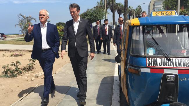 “Sunshine is the best cure for jet lag,” said Malcolm Turnbull, as he strolled along Lima’s cliff top with Australian ambassador Nick McCaffrey. Pic: AAP