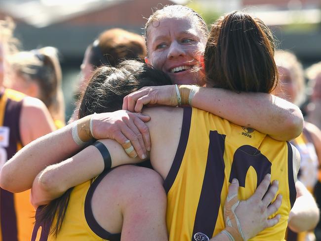 Meg Hutchins after a Hawthorn VFL finals victory in 2018.