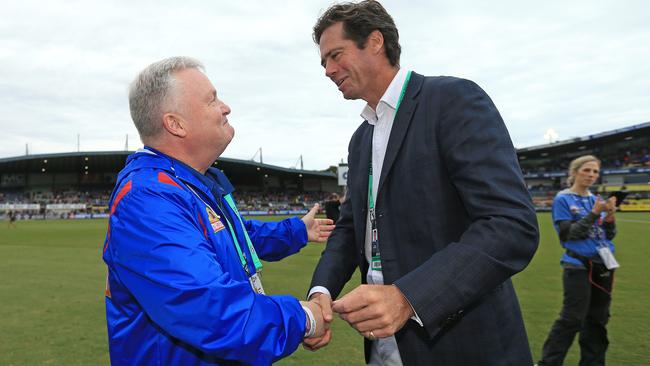 Bulldogs president Peter Gordon and AFL CEO Gillon McLachlan. Picture: Mark Stewart