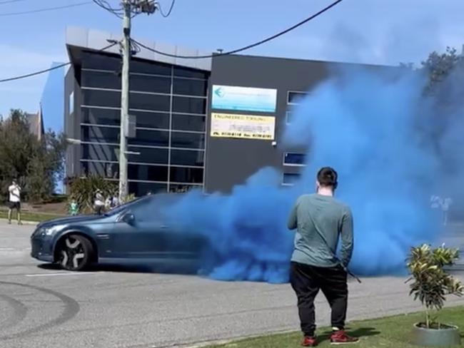 Police were called to the gender reveal party on Frankston Gardens Rd in Carrum Downs on Saturday afternoon following reports of a man performing burnouts. Picture: Supplied, ,