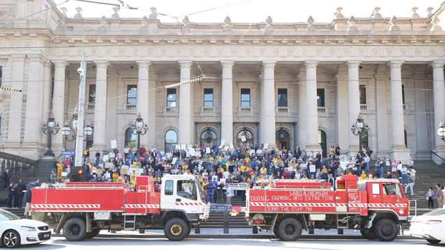 Farmer rally at Parliament to opposed the emergency services levy.