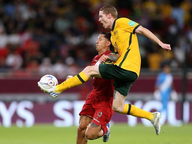 Socceroos defender Kye Rowles foils Peru’s Gianluca Lapadula during the World Cup intercontinental playoff match in June. Picture: Mohamed Farag/Getty Images