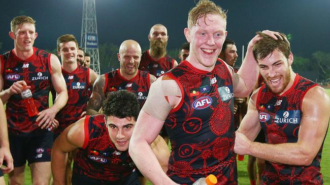 Melbourne players celebrate their win against Fremantle. Picture: Getty Images