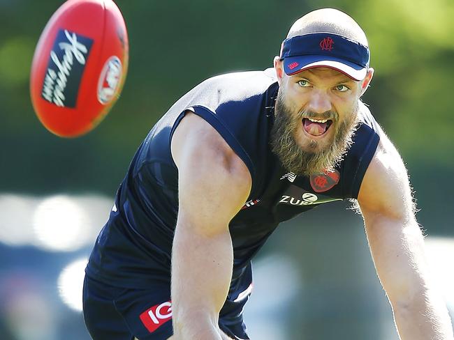 MELBOURNE, AUSTRALIA - FEBRUARY 07:  Max Gawn of the Demons marks the ball during a Melbourne Demons AFL training session at Gosch's Paddock on February 7, 2018 in Melbourne, Australia.  (Photo by Michael Dodge/Getty Images)