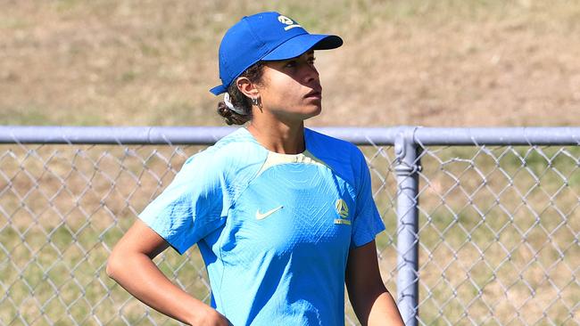 Injured Matildas strikers Mary Fowler was restricted to light walks at training in Brisbane on Wednesday. Picture: Adam Head